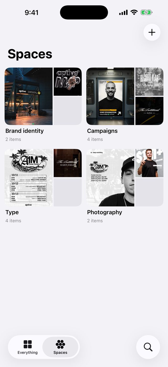 Spaces, one per client, campaign or theme